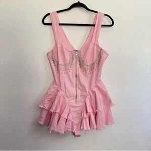 Dolls Kill Twill Rhinestone Fringe Ruffle Sides Denim Romper in Pink Medium